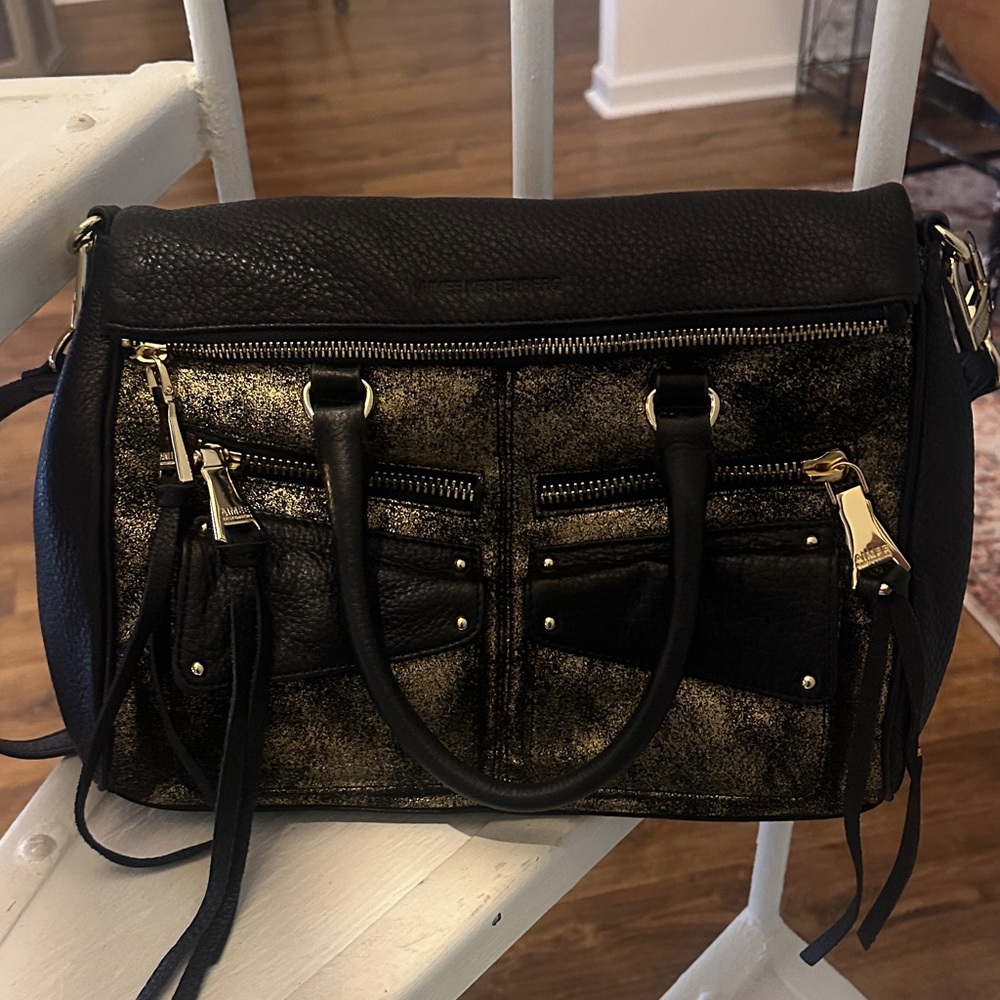 Aimee Kestenberg Black and Gold Satchel 100% Leather